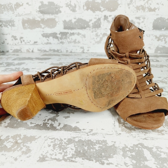 Vince Camuto Evel Brown Leather Ankle Strap Buckle Caged Heeled Sandals F204 - Picture 5 of 8